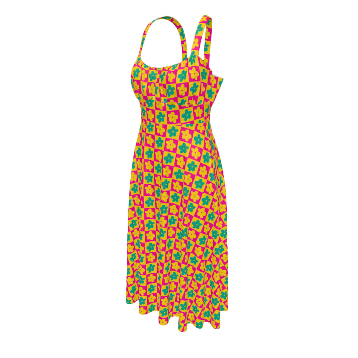 High-waist suspender dress featuring a playful all-over print design with a soft flowy silhouette and vintage-inspired style. Alternative fashion dress with indie streetwear aesthetic, whimsical casualwear, expressive queer friendly fashion, artsy everyday outfit, retro inspired silhouette, and statement alternative clothing perfect for brunch, vacations, festivals, casual outings, summer wear, and everyday creative fashion.