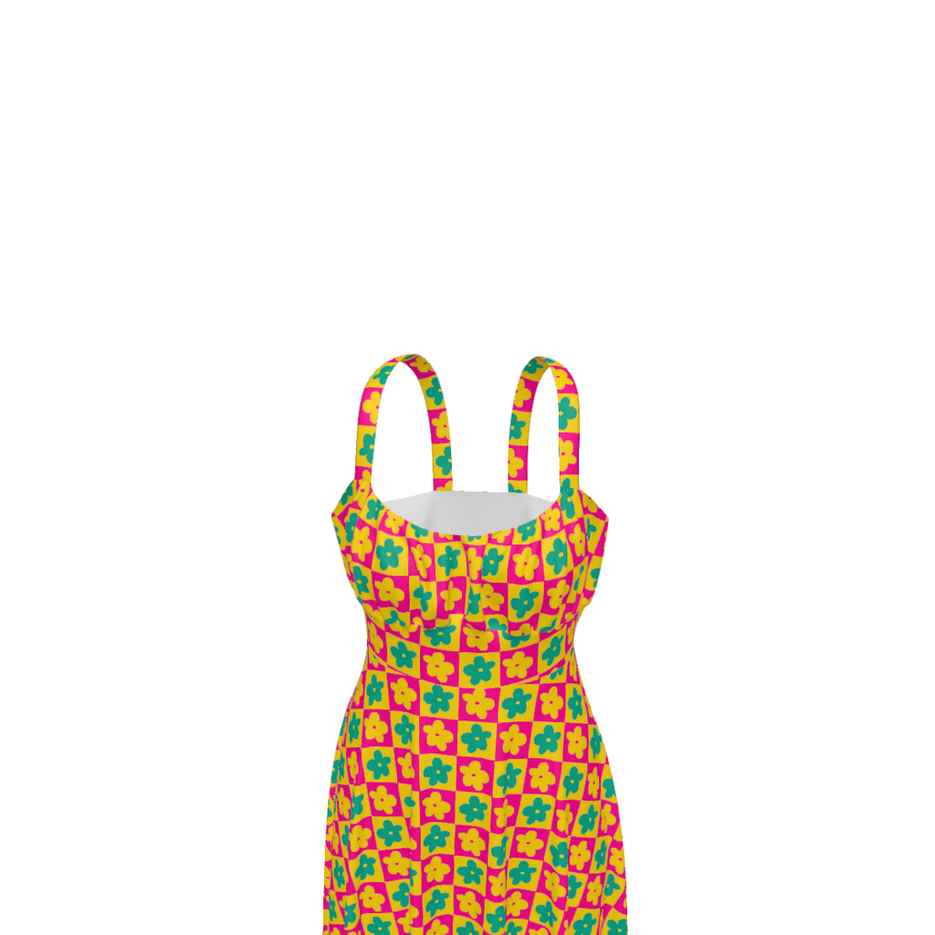 High-waist suspender dress featuring a playful all-over print design with a soft flowy silhouette and vintage-inspired style. Alternative fashion dress with indie streetwear aesthetic, whimsical casualwear, expressive queer friendly fashion, artsy everyday outfit, retro inspired silhouette, and statement alternative clothing perfect for brunch, vacations, festivals, casual outings, summer wear, and everyday creative fashion.