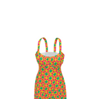 High-waist suspender dress featuring a playful all-over print design with a soft flowy silhouette and vintage-inspired style. Alternative fashion dress with indie streetwear aesthetic, whimsical casualwear, expressive queer friendly fashion, artsy everyday outfit, retro inspired silhouette, and statement alternative clothing perfect for brunch, vacations, festivals, casual outings, summer wear, and everyday creative fashion.