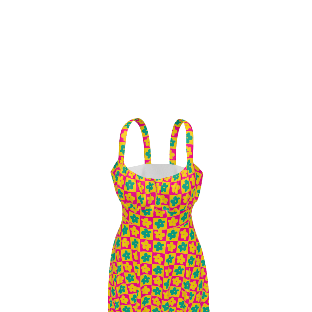 High-waist suspender dress featuring a playful all-over print design with a soft flowy silhouette and vintage-inspired style. Alternative fashion dress with indie streetwear aesthetic, whimsical casualwear, expressive queer friendly fashion, artsy everyday outfit, retro inspired silhouette, and statement alternative clothing perfect for brunch, vacations, festivals, casual outings, summer wear, and everyday creative fashion.