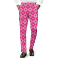 Dress pants featuring a bold heart and diamond pattern in a playful all-over print design. Statement trousers with retro mod aesthetic, colorful geometric fashion, indie streetwear, maximalist style, expressive queer friendly fashion, artsy alternative clothing, whimsical graphic pattern, and bold patterned pants perfect for concerts, parties, festivals, creative workwear, nightlife, and everyday alternative fashion.
