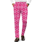 Dress pants featuring a bold heart and diamond pattern in a playful all-over print design. Statement trousers with retro mod aesthetic, colorful geometric fashion, indie streetwear, maximalist style, expressive queer friendly fashion, artsy alternative clothing, whimsical graphic pattern, and bold patterned pants perfect for concerts, parties, festivals, creative workwear, nightlife, and everyday alternative fashion.
