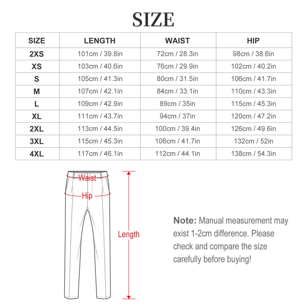 Size chart for pants with measurements in centimeters and inches, including a diagram of waist, hip, and length.