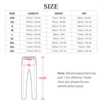 Size chart for pants with measurements in centimeters and inches, including a diagram of waist, hip, and length.