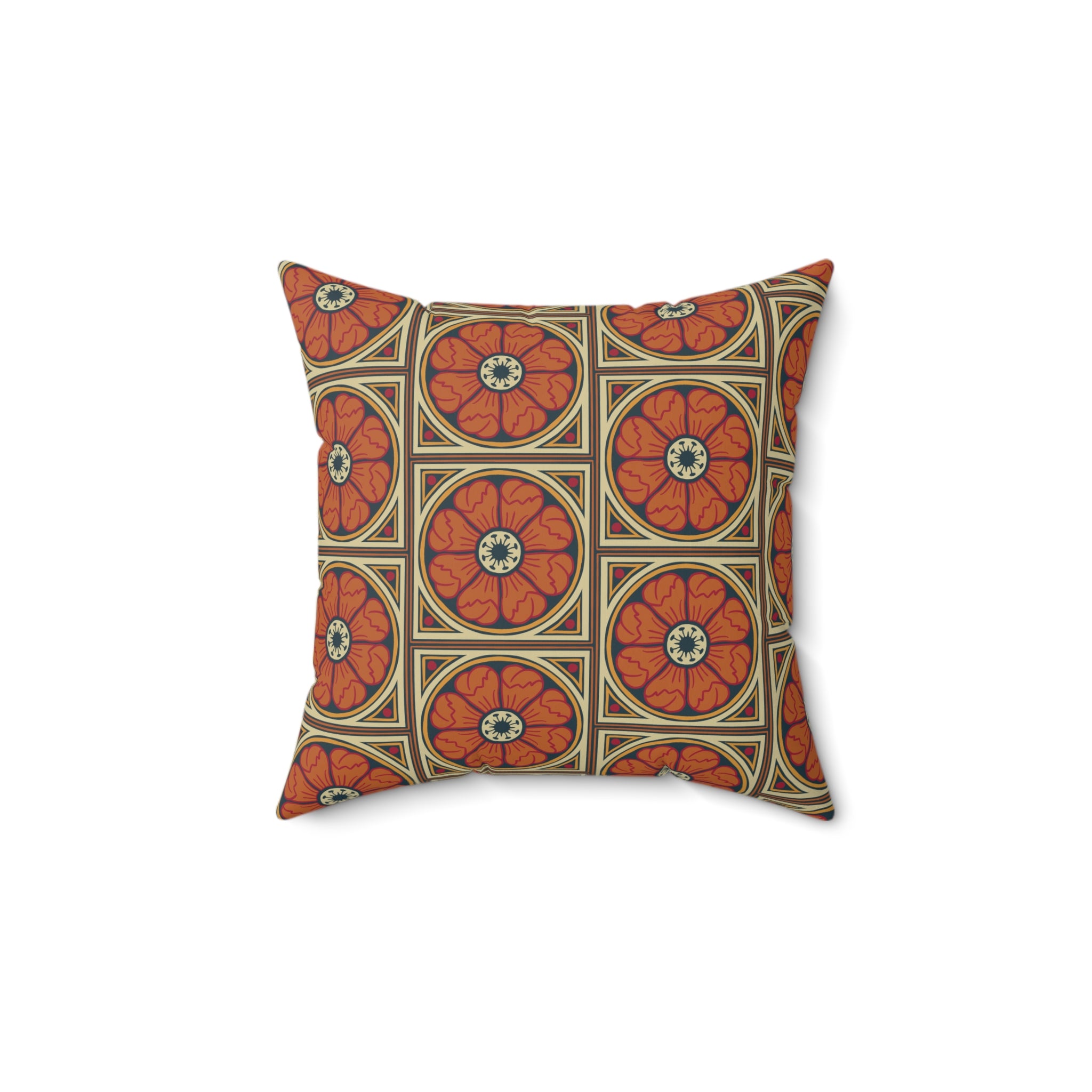 Decorative pillow featuring the Heritage Rosette in Terracotta Heart pattern with warm terracotta, cream, and floral-inspired geometric details in an ornate all-over design. Cozy home decor accent with vintage folk art aesthetic, cottagecore style, maximalist interior decor, botanical inspired artwork, earthy bohemian vibe, whimsical retro pattern, and artsy statement decor perfect for bedrooms, reading nooks, sofas, apartments, and colorful eclectic living spaces.
