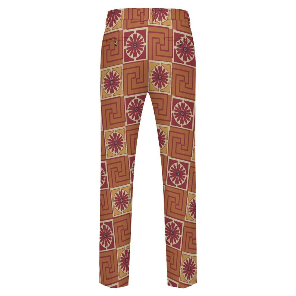 Dress pants featuring the Petal Circuit in Mulled Spice pattern with warm rust, plum, cream, and golden geometric floral shapes in a retro-inspired all-over print. Statement trousers with vintage autumn aesthetic, maximalist fashion, indie streetwear, mod inspired design, expressive queer friendly style, artsy alternative clothing, colorful geometric pattern, and bold patterned pants perfect for concerts, festivals, creative workwear, nightlife, parties, and everyday alternative fashion.