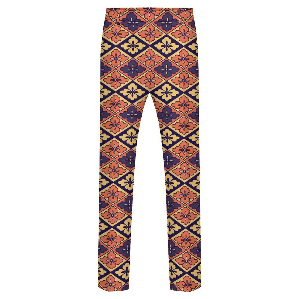 Dress pants featuring the Bloomgrid in Disco Dahlia pattern with vibrant pink, orange, and cream geometric floral shapes in a retro-inspired all-over print. Statement trousers with maximalist fashion aesthetic, mod inspired style, indie streetwear, expressive queer friendly fashion, colorful geometric artwork, artsy alternative clothing, retro resort vibe, and bold patterned pants perfect for concerts, festivals, nightlife, creative workwear, parties, and everyday alternative fashion.
