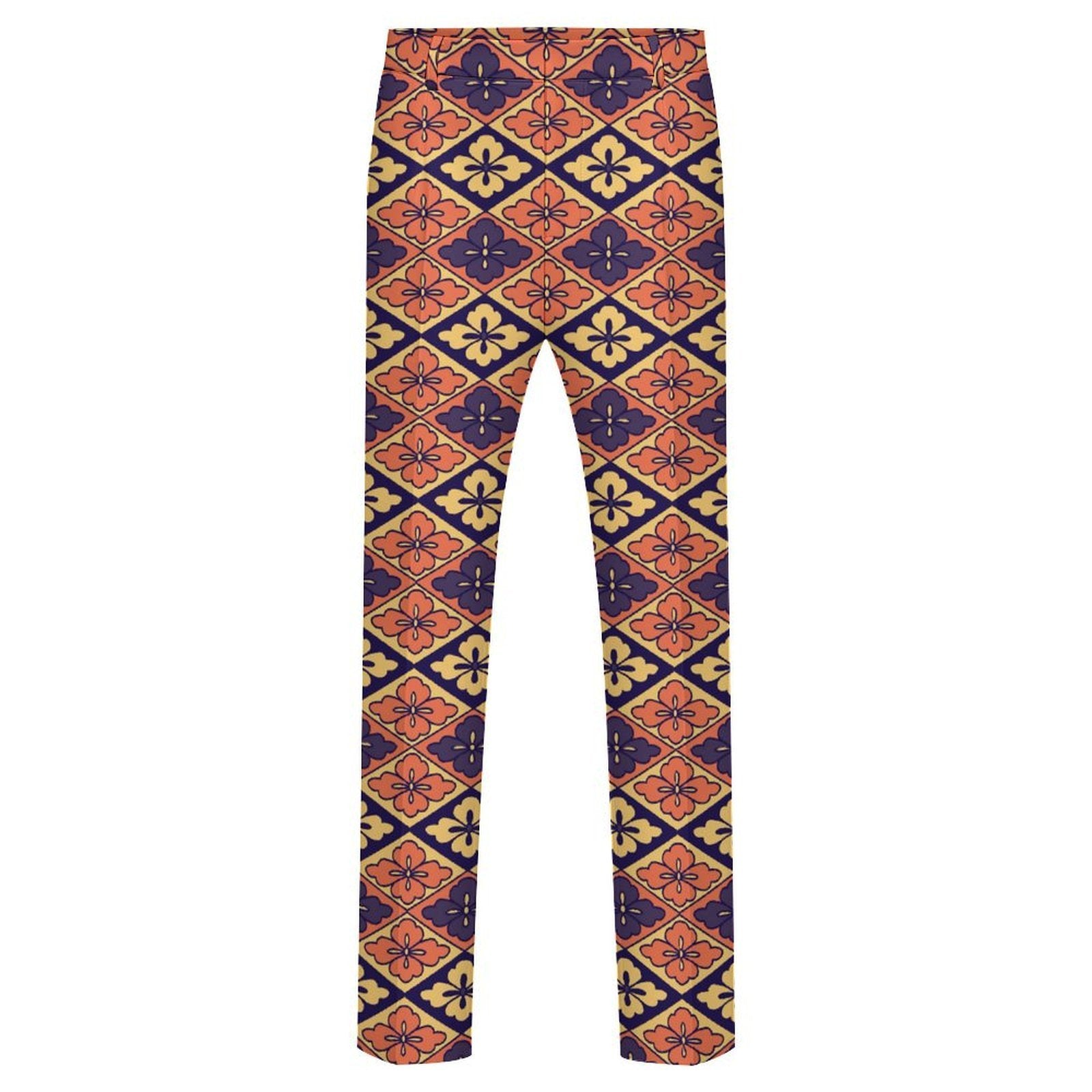 Dress pants featuring the Bloomgrid in Disco Dahlia pattern with vibrant pink, orange, and cream geometric floral shapes in a retro-inspired all-over print. Statement trousers with maximalist fashion aesthetic, mod inspired style, indie streetwear, expressive queer friendly fashion, colorful geometric artwork, artsy alternative clothing, retro resort vibe, and bold patterned pants perfect for concerts, festivals, nightlife, creative workwear, parties, and everyday alternative fashion.