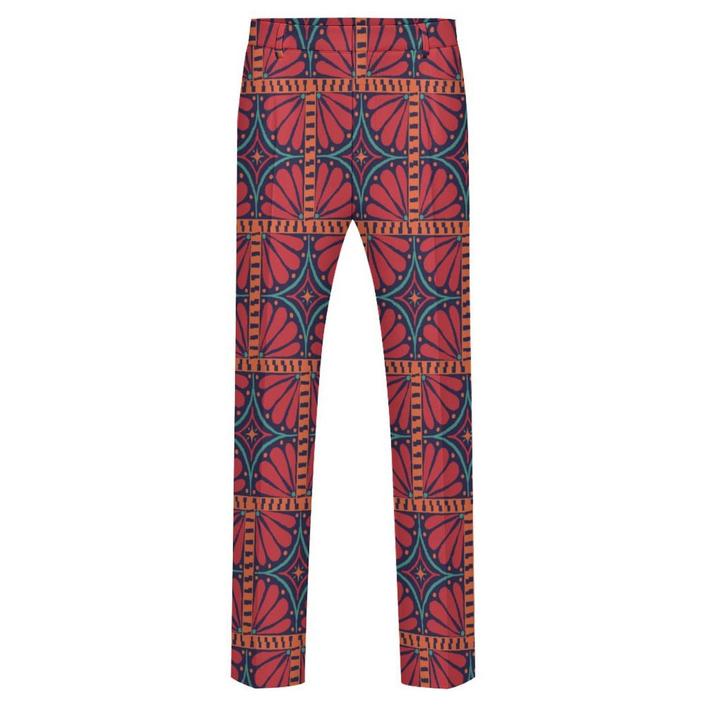 Dress pants featuring the Petalburst Tile in Midnight Fiesta pattern with bold floral-inspired geometric shapes in rich midnight blue, orange, pink, and cream tones. Statement trousers with retro maximalist aesthetic, indie streetwear, mod inspired fashion, expressive queer friendly style, artsy alternative clothing, colorful geometric pattern, and bold patterned pants perfect for concerts, parties, festivals, creative workwear, nightlife, and everyday alternative fashion.