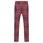 Dress pants featuring the Petalburst Tile in Midnight Fiesta pattern with bold floral-inspired geometric shapes in rich midnight blue, orange, pink, and cream tones. Statement trousers with retro maximalist aesthetic, indie streetwear, mod inspired fashion, expressive queer friendly style, artsy alternative clothing, colorful geometric pattern, and bold patterned pants perfect for concerts, parties, festivals, creative workwear, nightlife, and everyday alternative fashion.