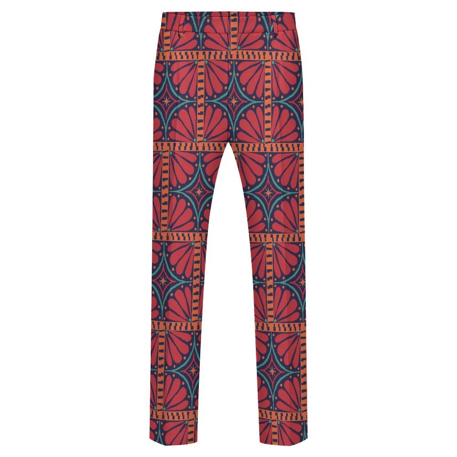 Dress pants featuring the Petalburst Tile in Midnight Fiesta pattern with bold floral-inspired geometric shapes in rich midnight blue, orange, pink, and cream tones. Statement trousers with retro maximalist aesthetic, indie streetwear, mod inspired fashion, expressive queer friendly style, artsy alternative clothing, colorful geometric pattern, and bold patterned pants perfect for concerts, parties, festivals, creative workwear, nightlife, and everyday alternative fashion.