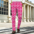 Dress pants featuring a bold heart and diamond pattern in a playful all-over print design. Statement trousers with retro mod aesthetic, colorful geometric fashion, indie streetwear, maximalist style, expressive queer friendly fashion, artsy alternative clothing, whimsical graphic pattern, and bold patterned pants perfect for concerts, parties, festivals, creative workwear, nightlife, and everyday alternative fashion.