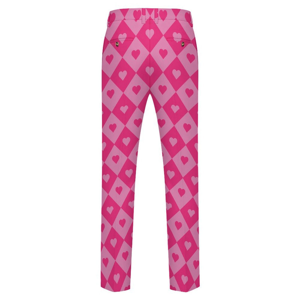 Dress pants featuring a bold heart and diamond pattern in a playful all-over print design. Statement trousers with retro mod aesthetic, colorful geometric fashion, indie streetwear, maximalist style, expressive queer friendly fashion, artsy alternative clothing, whimsical graphic pattern, and bold patterned pants perfect for concerts, parties, festivals, creative workwear, nightlife, and everyday alternative fashion.