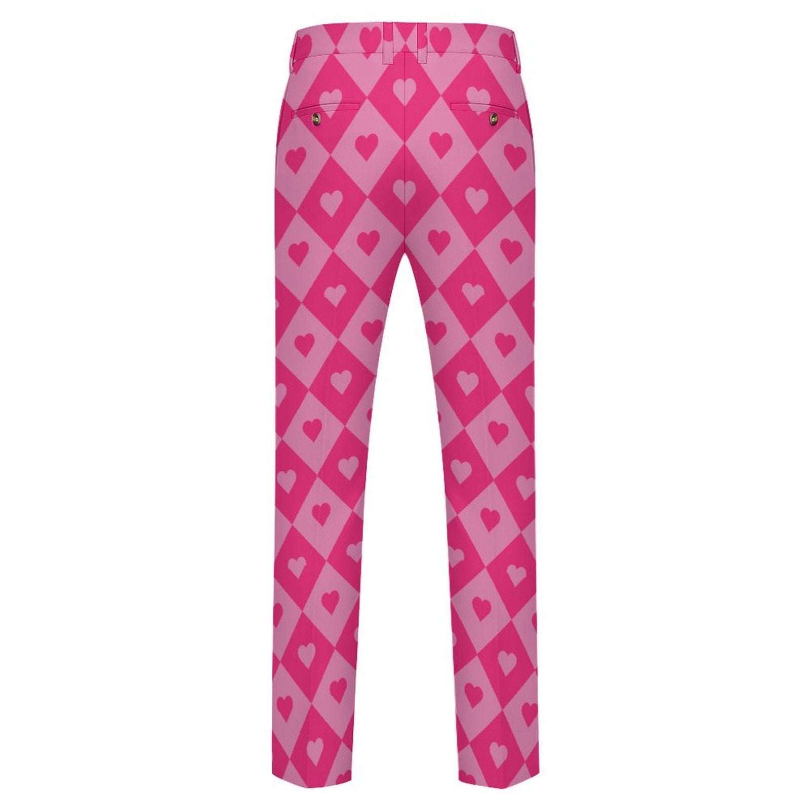 Dress pants featuring a bold heart and diamond pattern in a playful all-over print design. Statement trousers with retro mod aesthetic, colorful geometric fashion, indie streetwear, maximalist style, expressive queer friendly fashion, artsy alternative clothing, whimsical graphic pattern, and bold patterned pants perfect for concerts, parties, festivals, creative workwear, nightlife, and everyday alternative fashion.
