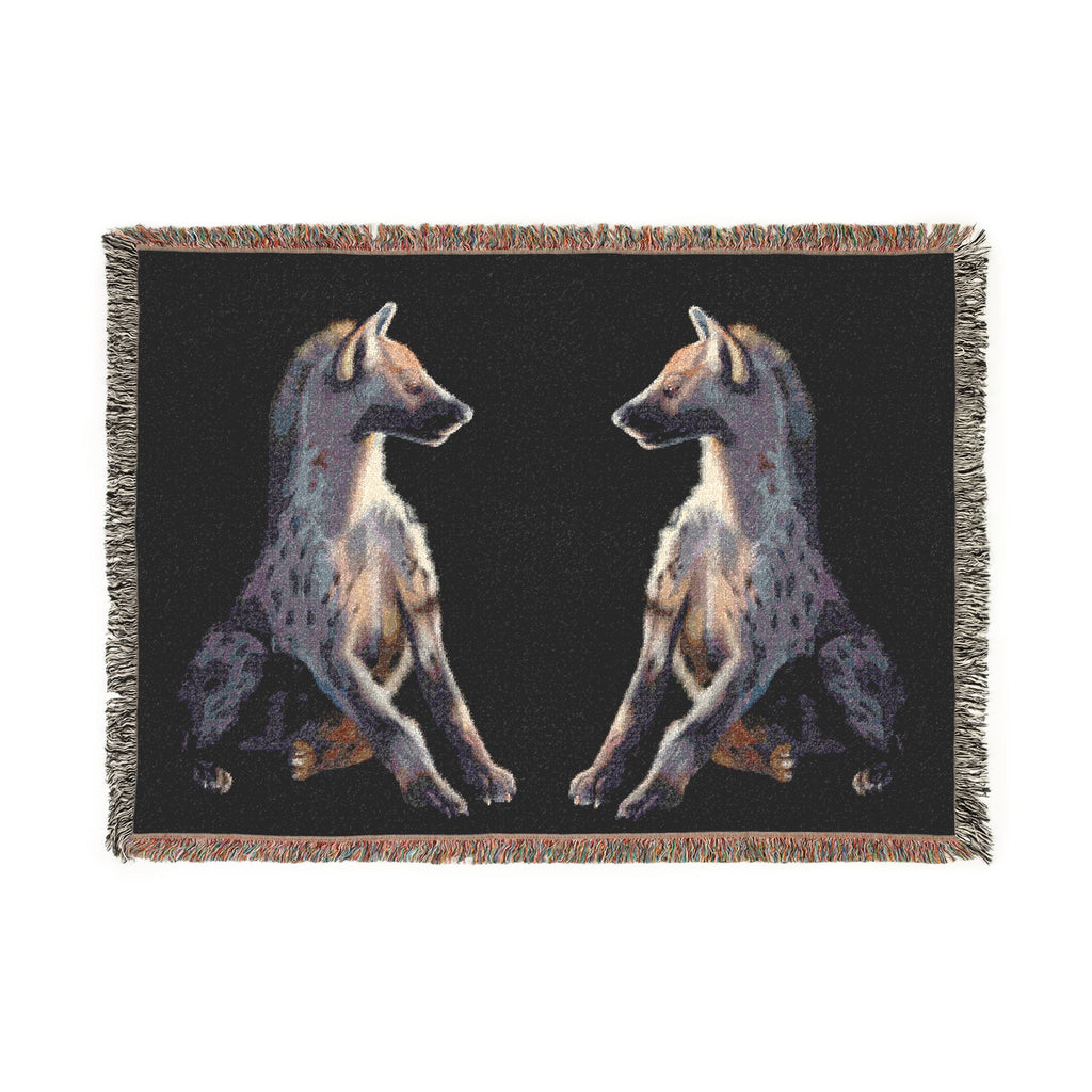 Woven blanket featuring illustrated hyena pups in a cozy wildlife-inspired design with warm earthy tones and detailed animal artwork. Soft statement blanket with nature lover aesthetic, safari inspired decor, whimsical wildlife art, maximalist home decor, indie illustration style, cozy cottagecore vibe, and expressive alternative decor perfect for bedrooms, reading nooks, couches, gifts, and colorful eclectic living spaces.