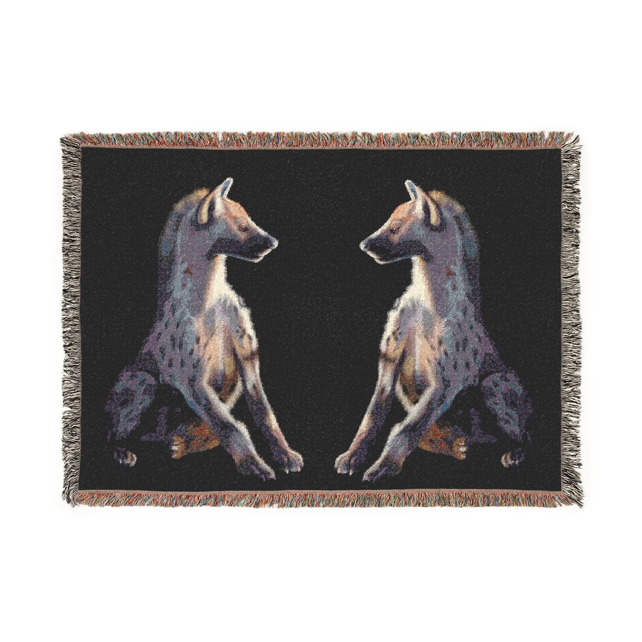 Woven blanket featuring illustrated hyena pups in a cozy wildlife-inspired design with warm earthy tones and detailed animal artwork. Soft statement blanket with nature lover aesthetic, safari inspired decor, whimsical wildlife art, maximalist home decor, indie illustration style, cozy cottagecore vibe, and expressive alternative decor perfect for bedrooms, reading nooks, couches, gifts, and colorful eclectic living spaces.