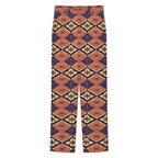 Dress pants featuring the Bloomgrid in Disco Dahlia pattern with vibrant pink, orange, and cream geometric floral shapes in a retro-inspired all-over print. Statement trousers with maximalist fashion aesthetic, mod inspired style, indie streetwear, expressive queer friendly fashion, colorful geometric artwork, artsy alternative clothing, retro resort vibe, and bold patterned pants perfect for concerts, festivals, nightlife, creative workwear, parties, and everyday alternative fashion.