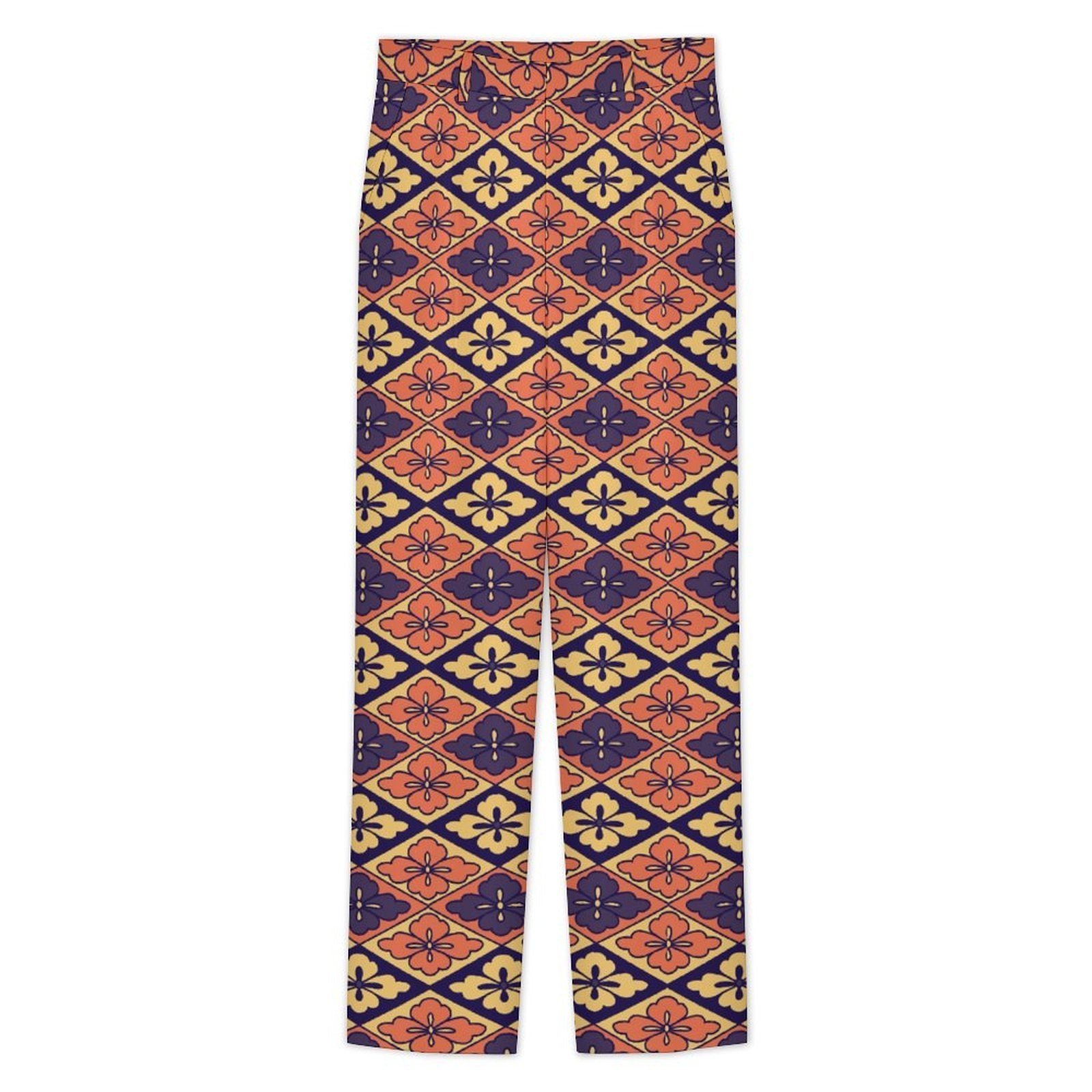 Dress pants featuring the Bloomgrid in Disco Dahlia pattern with vibrant pink, orange, and cream geometric floral shapes in a retro-inspired all-over print. Statement trousers with maximalist fashion aesthetic, mod inspired style, indie streetwear, expressive queer friendly fashion, colorful geometric artwork, artsy alternative clothing, retro resort vibe, and bold patterned pants perfect for concerts, festivals, nightlife, creative workwear, parties, and everyday alternative fashion.