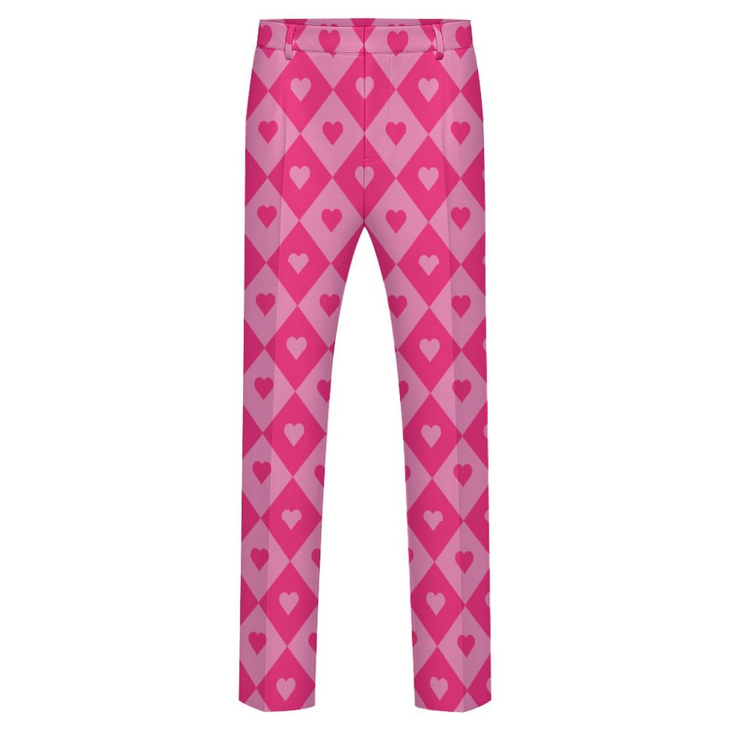 Dress pants featuring a bold heart and diamond pattern in a playful all-over print design. Statement trousers with retro mod aesthetic, colorful geometric fashion, indie streetwear, maximalist style, expressive queer friendly fashion, artsy alternative clothing, whimsical graphic pattern, and bold patterned pants perfect for concerts, parties, festivals, creative workwear, nightlife, and everyday alternative fashion.