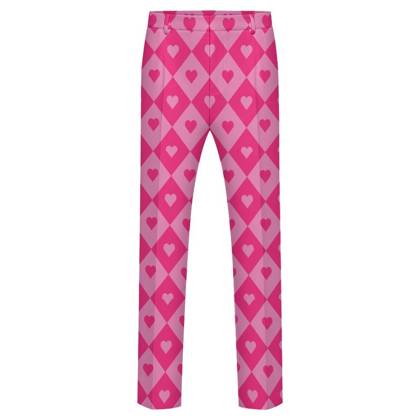 Dress pants featuring a bold heart and diamond pattern in a playful all-over print design. Statement trousers with retro mod aesthetic, colorful geometric fashion, indie streetwear, maximalist style, expressive queer friendly fashion, artsy alternative clothing, whimsical graphic pattern, and bold patterned pants perfect for concerts, parties, festivals, creative workwear, nightlife, and everyday alternative fashion.