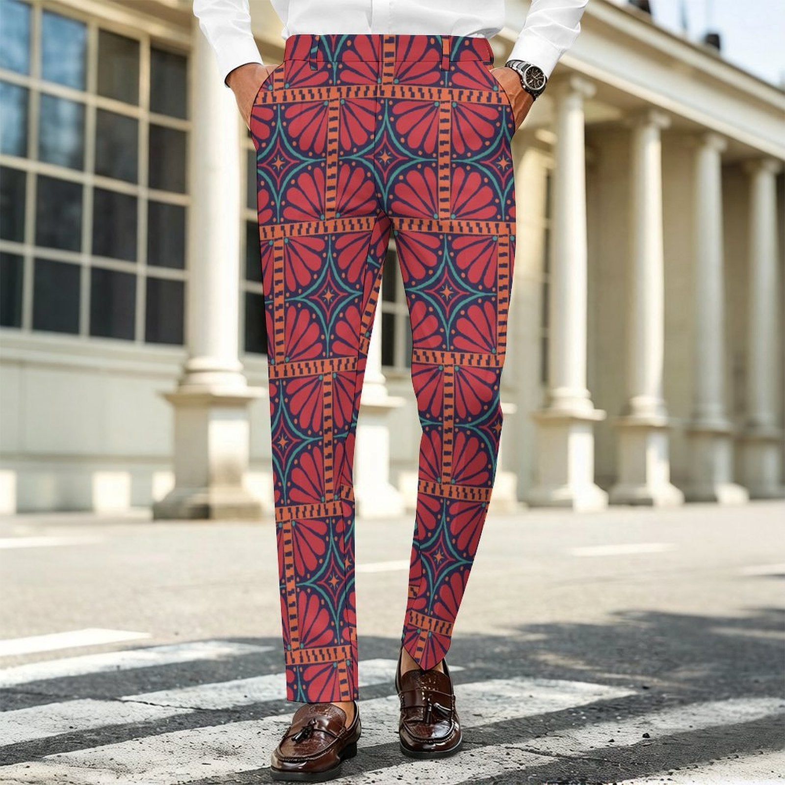 Dress pants featuring the Petalburst Tile in Midnight Fiesta pattern with bold floral-inspired geometric shapes in rich midnight blue, orange, pink, and cream tones. Statement trousers with retro maximalist aesthetic, indie streetwear, mod inspired fashion, expressive queer friendly style, artsy alternative clothing, colorful geometric pattern, and bold patterned pants perfect for concerts, parties, festivals, creative workwear, nightlife, and everyday alternative fashion.