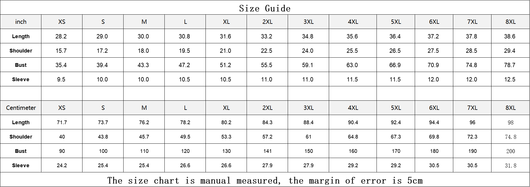 Size chart for clothing with measurements in centimeters