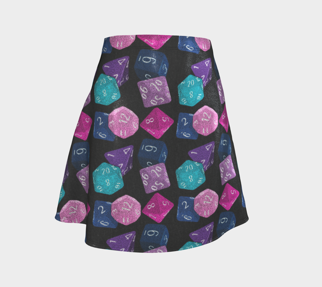 Flared skirt featuring a colorful polyhedral dice pattern with glitter-inspired details in an all-over tabletop gaming print. Playful statement skirt with nerdy maximalist aesthetic, Dungeons and Dragons inspired fashion, indie streetwear, whimsical gamer apparel, expressive queer friendly style, retro novelty fashion, artsy alternative clothing, and fun geek chic outfit perfect for conventions, festivals, game nights, concerts, parties, and everyday alternative wear.