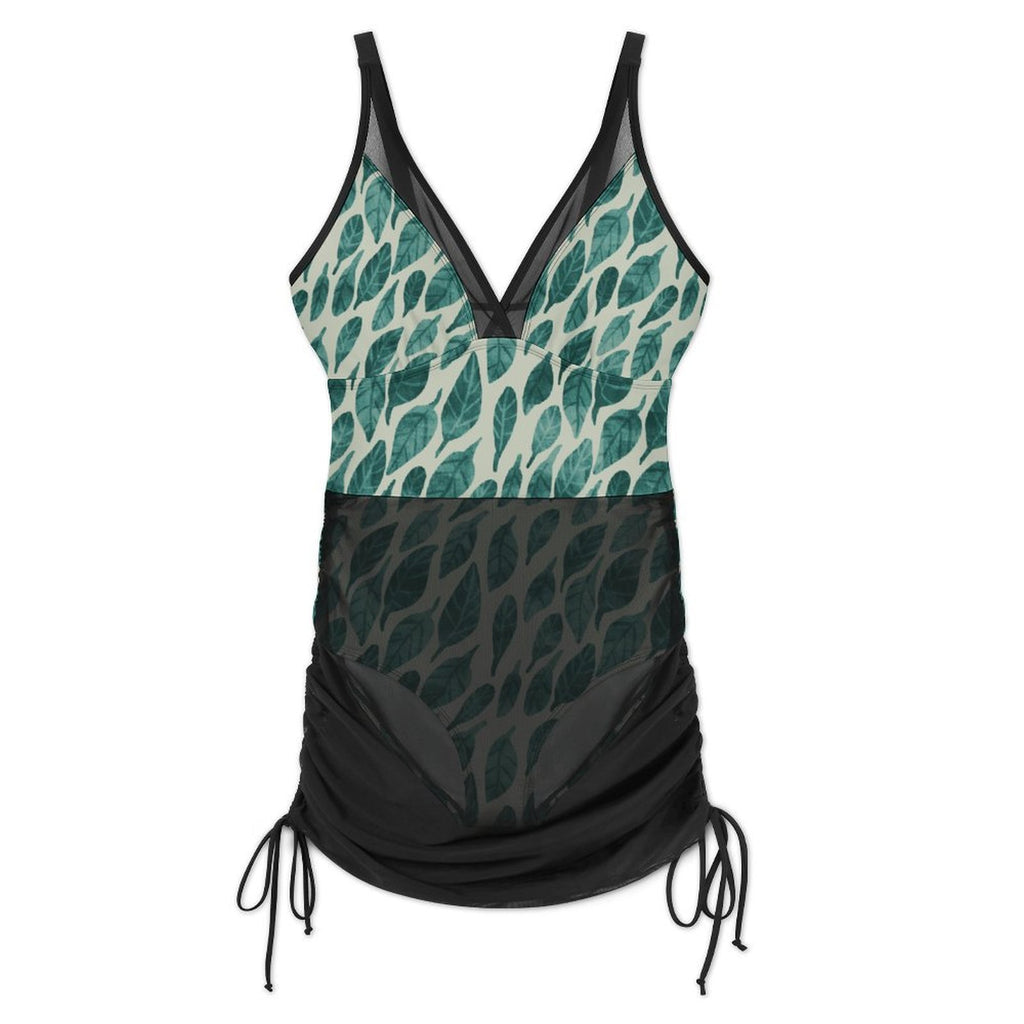 Leaf Drift Light One-Piece Swimsuit with Skirt