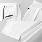 Collage of white pants with zippers on a light gray background