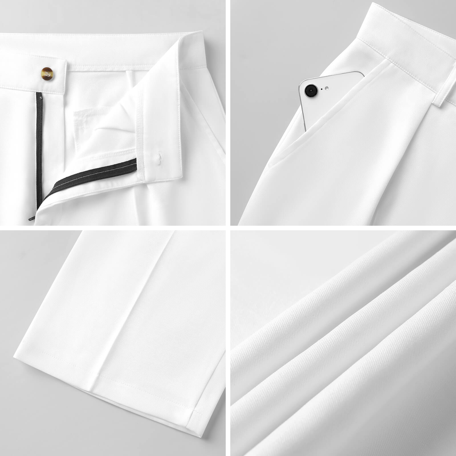 Collage of white pants with zippers on a light gray background