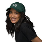 Black dad hat embroidered with the word ‘HAG’ in ornate vintage gothic lettering. Alternative fashion accessory with queer streetwear aesthetic, witchy fashion, sarcastic humor, feminist style, indie fashion, spooky cute apparel, gothic embroidery, punk inspired streetwear, adjustable baseball cap, casual everyday alternative outfit, internet humor fashion, artsy accessory, and edgy statement hat for concerts, festivals, casual wear, and alternative wardrobes.