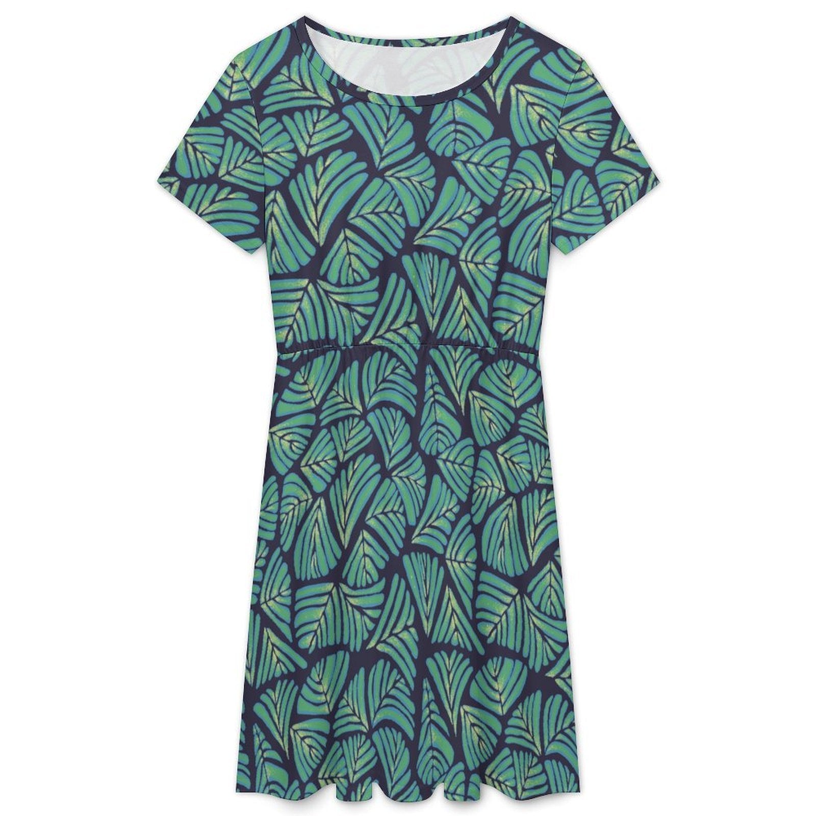 Short sleeve dress featuring the Frondescence pattern with layered tropical foliage in deep green botanical tones and an all-over nature-inspired print. Flowy casual dress with earthy jungle aesthetic, maximalist fashion, indie streetwear, botanical artwork, expressive queer friendly style, artsy everyday wear, and retro-inspired tropical clothing perfect for vacations, brunch, festivals, casual outings, and comfortable everyday alternative fashion.
