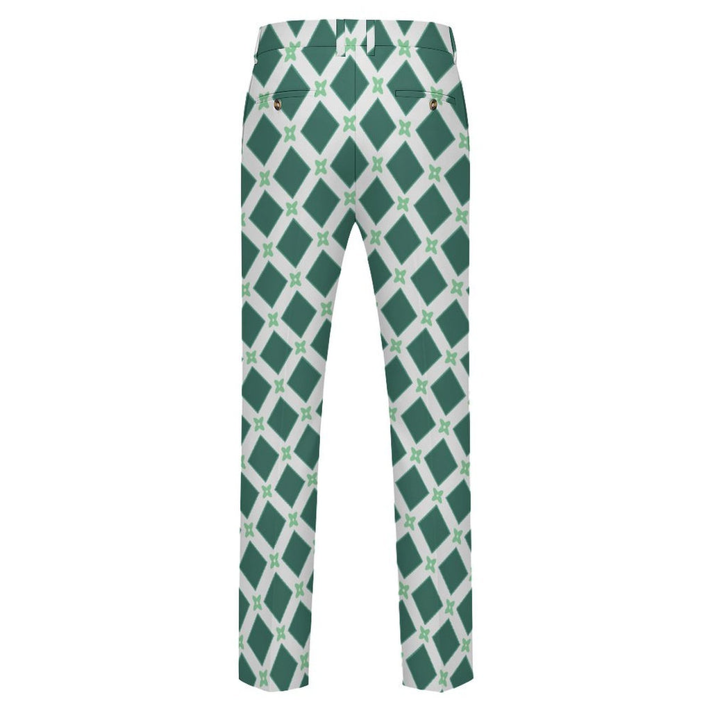 Dress pants featuring the Fleur Riviera in Sea Glass pattern with ornate floral motifs in soft teal, cream, and seafoam tones in a vintage-inspired all-over print. Statement trousers with coastal maximalist aesthetic, indie streetwear, botanical artwork, expressive queer friendly fashion, retro resort style, artsy alternative clothing, and colorful patterned pants perfect for festivals, creative workwear, brunch, vacations, concerts, and everyday alternative fashion.