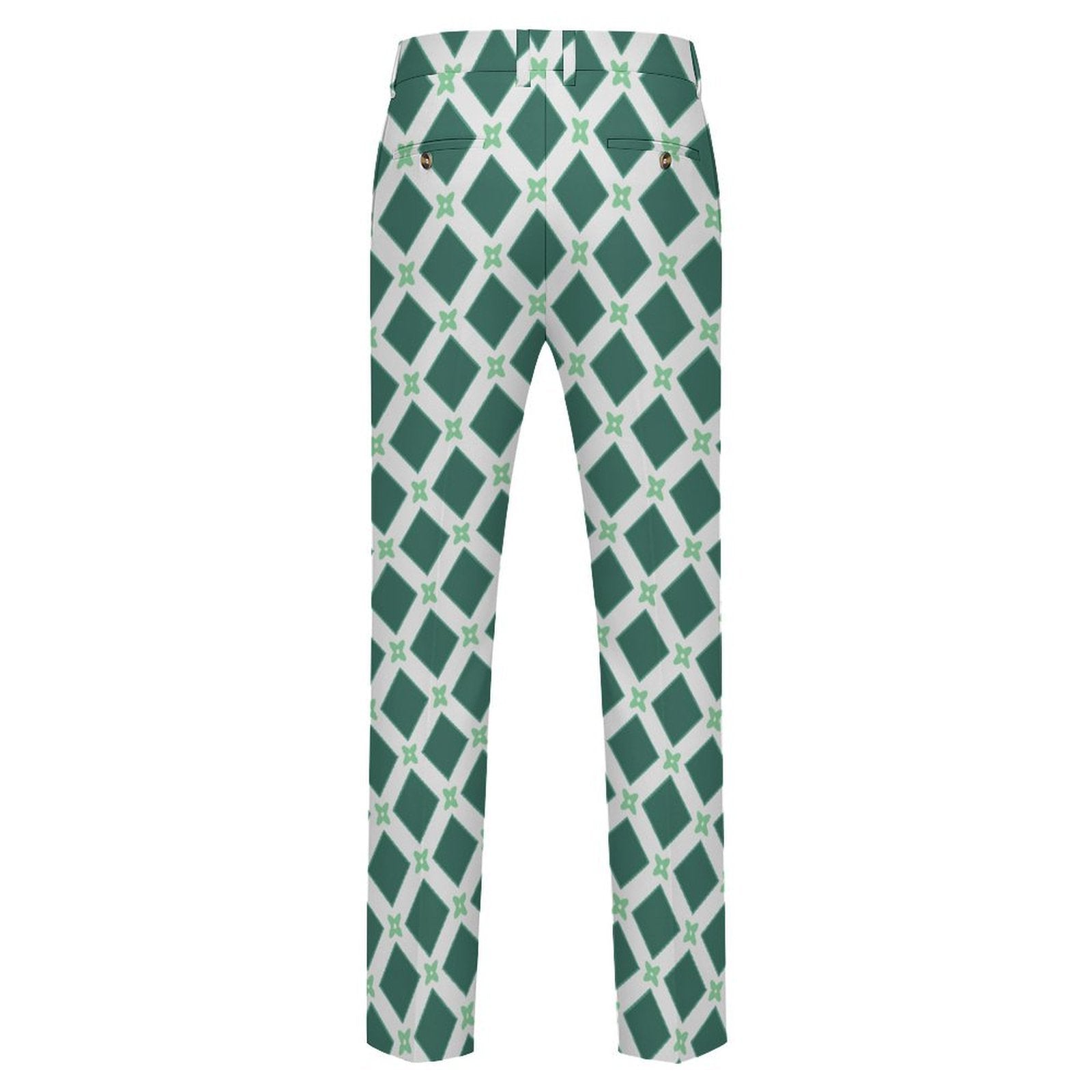 Dress pants featuring the Fleur Riviera in Sea Glass pattern with ornate floral motifs in soft teal, cream, and seafoam tones in a vintage-inspired all-over print. Statement trousers with coastal maximalist aesthetic, indie streetwear, botanical artwork, expressive queer friendly fashion, retro resort style, artsy alternative clothing, and colorful patterned pants perfect for festivals, creative workwear, brunch, vacations, concerts, and everyday alternative fashion.