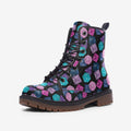 Boots featuring a colorful polyhedral dice pattern in an all-over tabletop gaming inspired print. Alternative fashion footwear with nerdy maximalist aesthetic, Dungeons and Dragons inspired style, indie streetwear, expressive queer friendly fashion, whimsical gamer artwork, retro novelty design, artsy alternative shoes, and statement combat boots perfect for conventions, game nights, festivals, concerts, casual outfits, and everyday geek fashion.