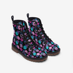 Boots featuring a colorful polyhedral dice pattern in an all-over tabletop gaming inspired print. Alternative fashion footwear with nerdy maximalist aesthetic, Dungeons and Dragons inspired style, indie streetwear, expressive queer friendly fashion, whimsical gamer artwork, retro novelty design, artsy alternative shoes, and statement combat boots perfect for conventions, game nights, festivals, concerts, casual outfits, and everyday geek fashion.