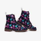 Boots featuring a colorful polyhedral dice pattern in an all-over tabletop gaming inspired print. Alternative fashion footwear with nerdy maximalist aesthetic, Dungeons and Dragons inspired style, indie streetwear, expressive queer friendly fashion, whimsical gamer artwork, retro novelty design, artsy alternative shoes, and statement combat boots perfect for conventions, game nights, festivals, concerts, casual outfits, and everyday geek fashion.