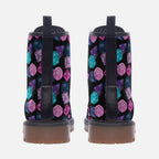 Boots featuring a colorful polyhedral dice pattern in an all-over tabletop gaming inspired print. Alternative fashion footwear with nerdy maximalist aesthetic, Dungeons and Dragons inspired style, indie streetwear, expressive queer friendly fashion, whimsical gamer artwork, retro novelty design, artsy alternative shoes, and statement combat boots perfect for conventions, game nights, festivals, concerts, casual outfits, and everyday geek fashion.