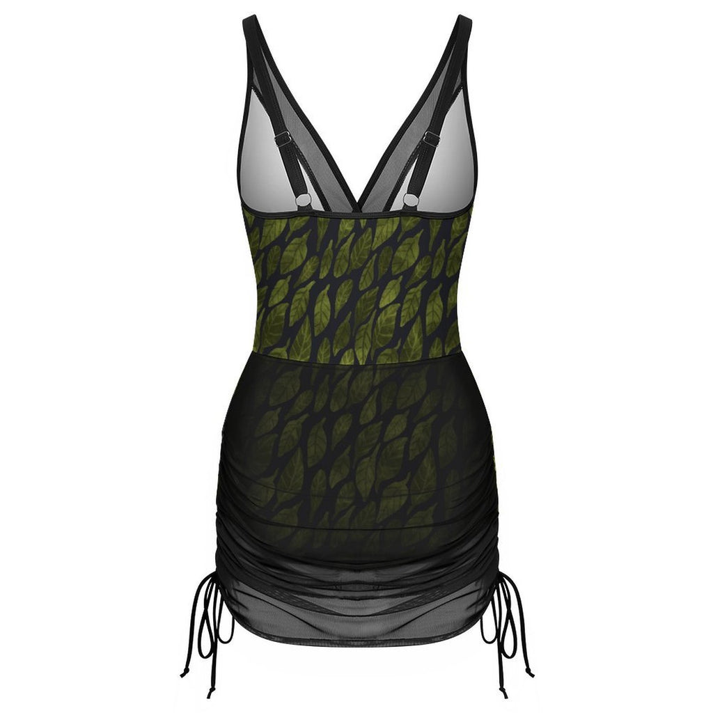 Leaf Drift Dark One-Piece Swimsuit with Skirt