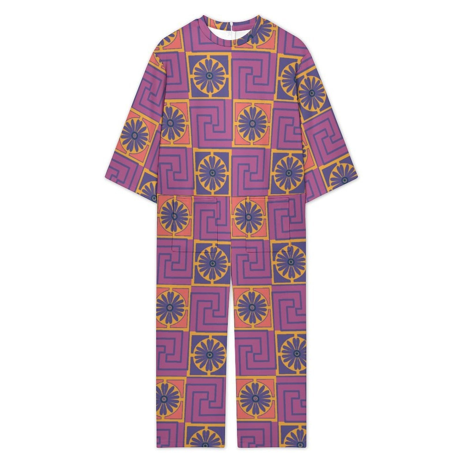 3/4 sleeve jumpsuit featuring the Petal Circuit in Disco Fig pattern with bold purple, pink, orange, and cream geometric floral shapes in a retro-inspired all-over print. Relaxed statement outfit with maximalist fashion aesthetic, indie streetwear, mod inspired design, expressive queer friendly fashion, artsy casualwear, colorful geometric artwork, and playful alternative clothing perfect for festivals, vacations, brunch, concerts, creative everyday wear, and bold summer outfits.