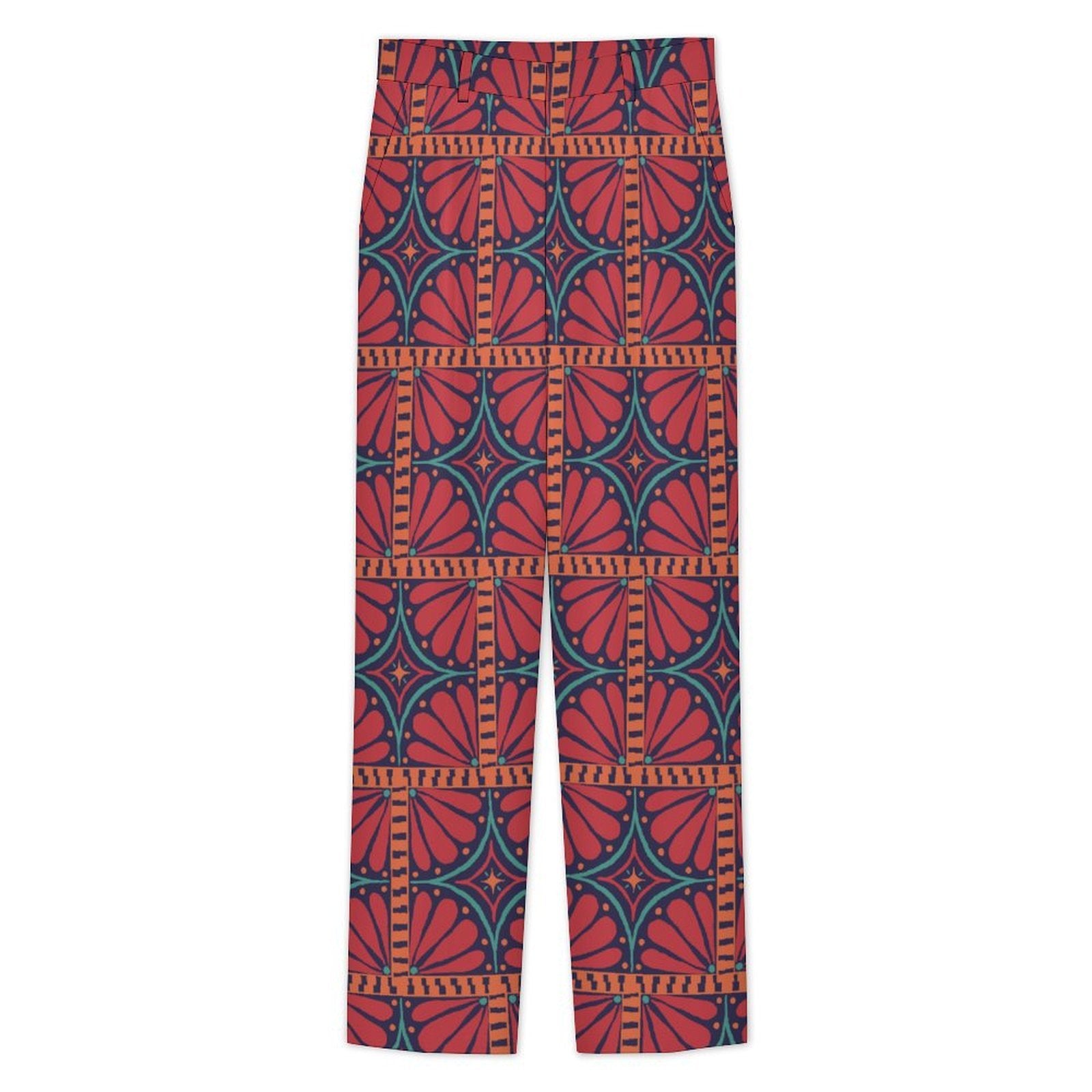 Dress pants featuring the Petalburst Tile in Midnight Fiesta pattern with bold floral-inspired geometric shapes in rich midnight blue, orange, pink, and cream tones. Statement trousers with retro maximalist aesthetic, indie streetwear, mod inspired fashion, expressive queer friendly style, artsy alternative clothing, colorful geometric pattern, and bold patterned pants perfect for concerts, parties, festivals, creative workwear, nightlife, and everyday alternative fashion.
