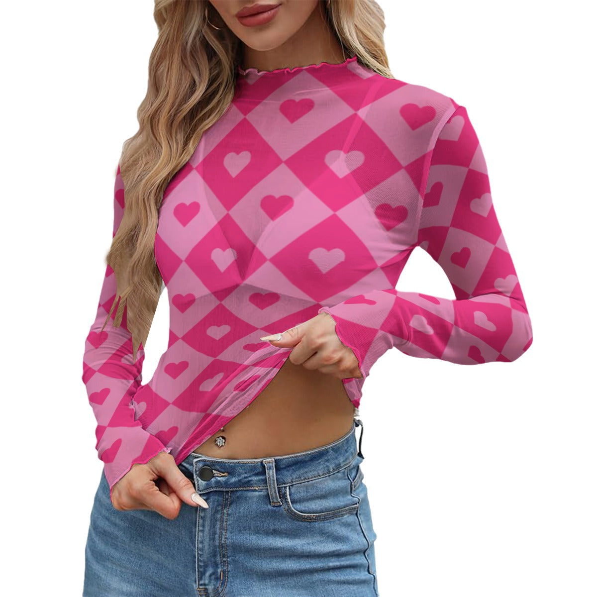 Top de malla transparente con diamante de corazón